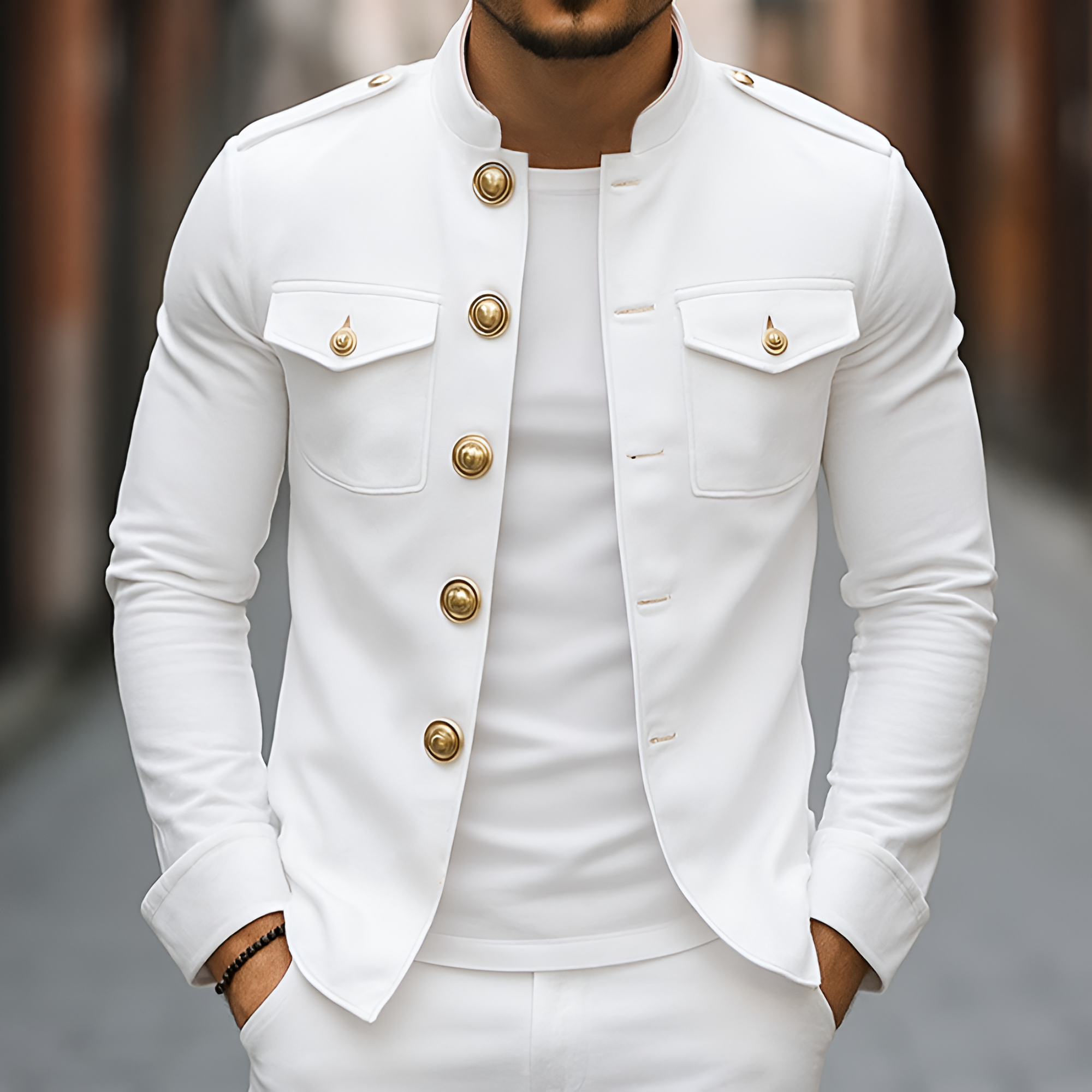 Men's Mandarin Collar Military Jacket - Party Wear