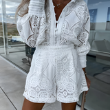 Women's Geometric Crochet Long Sleeve Romper - Summer Outing