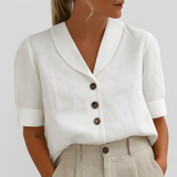 Women's Short Sleeve Puff Shoulder Button Up - Office Wear