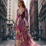 Women's Floral Maxi Dress V-Neck Long Sleeve - Special Occasions