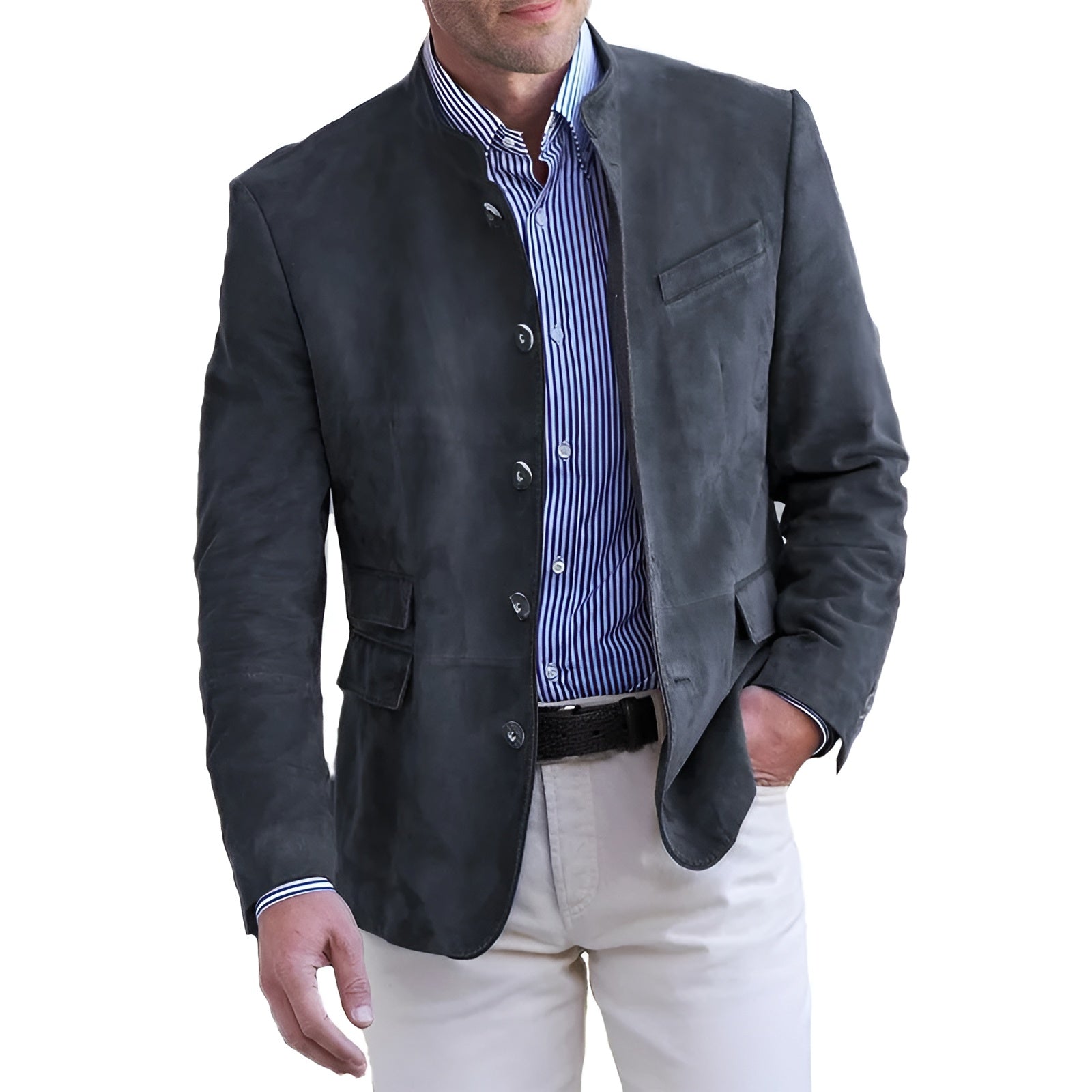 Men's Suede Stand Collar Jacket - Casual Outwear