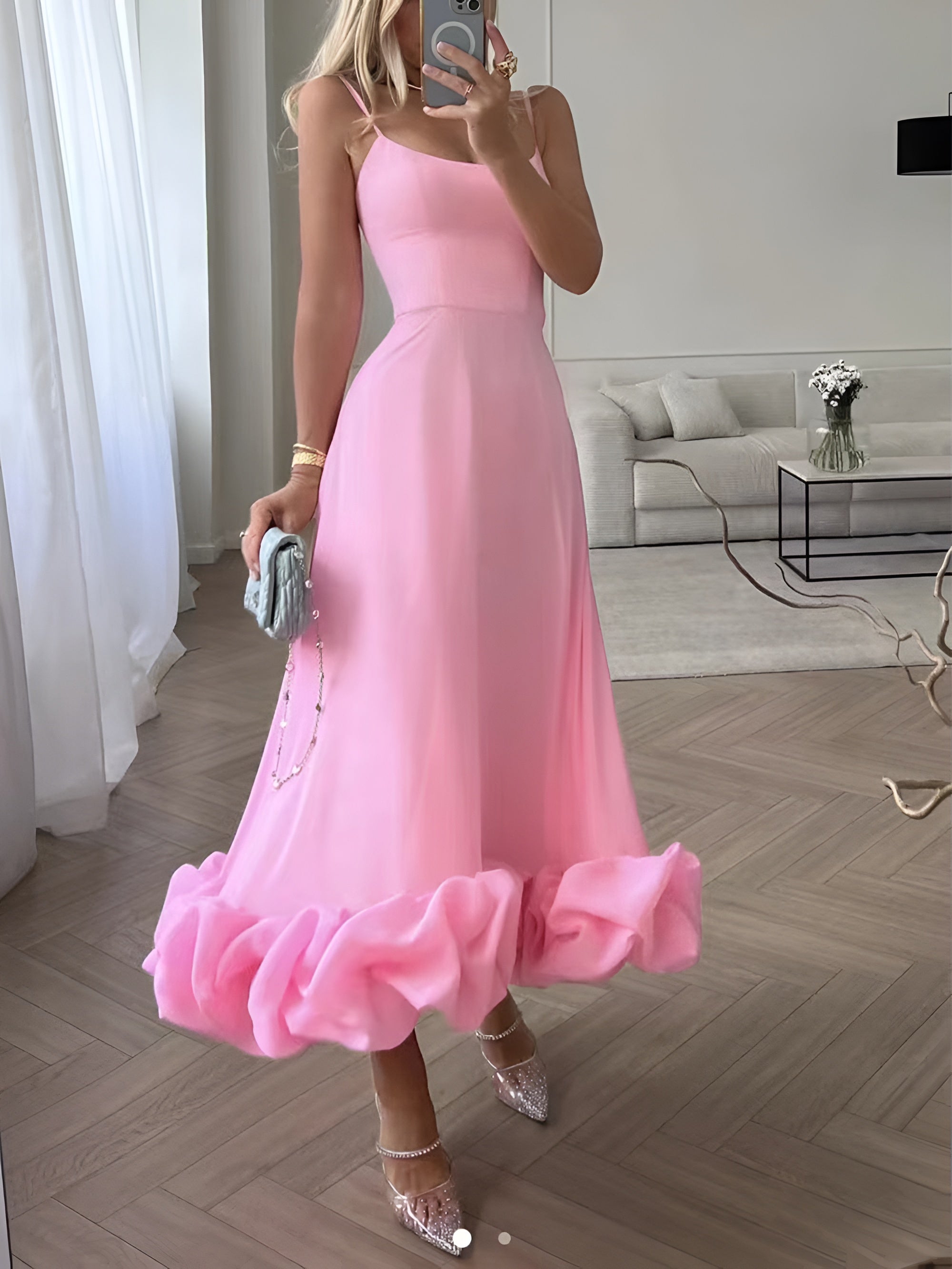 Women's Midi Dress Floral Print Ruffle Hem - Garden Party