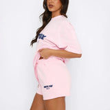 Women's Two-Piece Set Oversized Graphic Tee and Cargo Shorts - Casual Lounge Wear