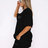 Women's Two-Piece Set Oversized Graphic Tee and Cargo Shorts - Casual Lounge Wear