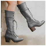 Women’s Lace-Up Knee High Boots - Sturdy Block Heel Fashion Wear