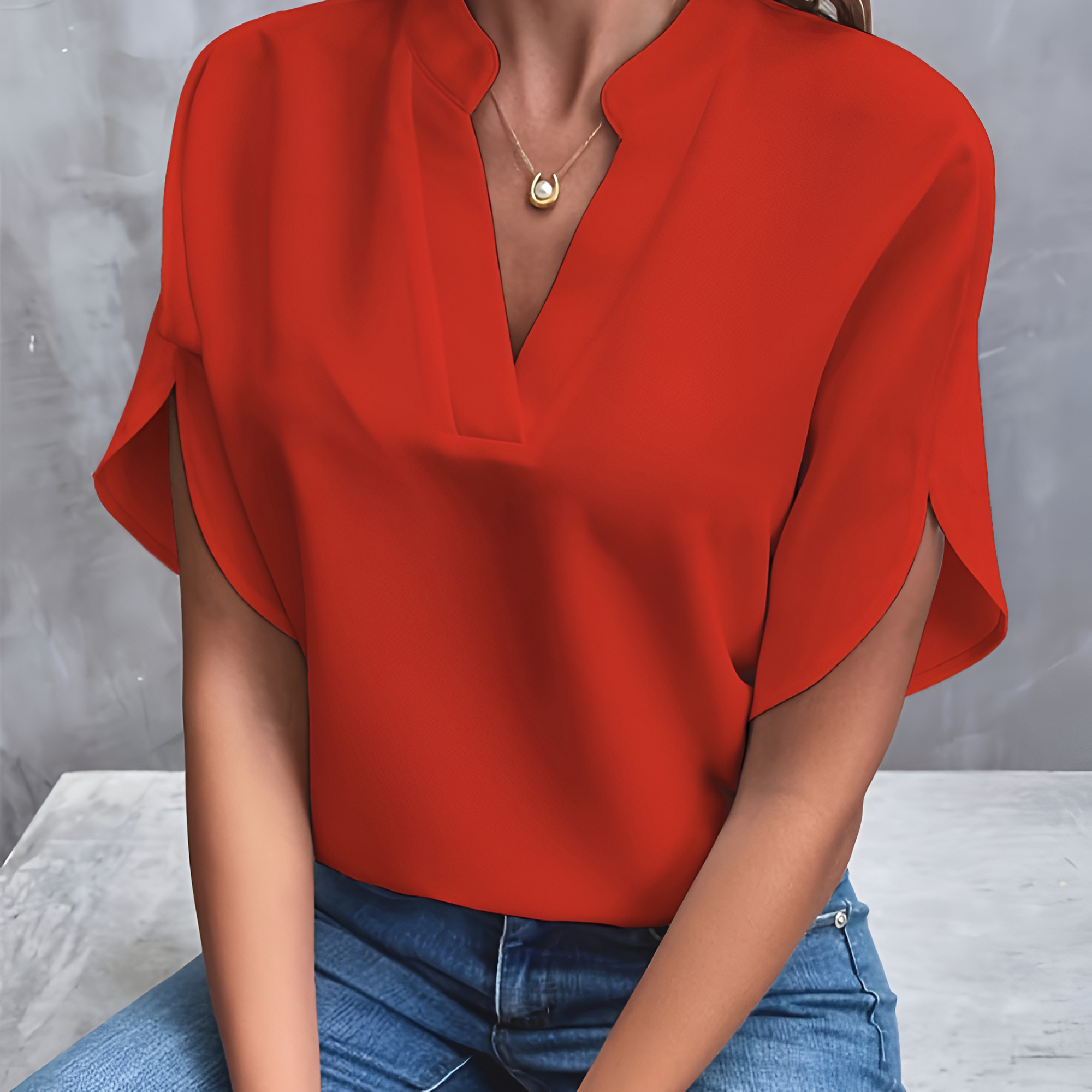 Women's Flutter Sleeve Split Neck Blouse - Office Wear