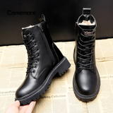 Women's Faux-Lined Lug-Sole Combat Boots - Cold Weather Wear