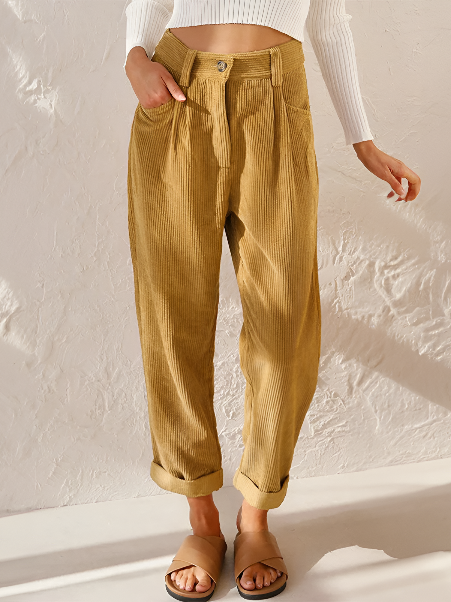 Women's High-Waisted Pleated Corduroy Trousers - Casual Daily Wear