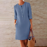 Women's Button Front Pocket Shift Dress - Casual Everyday Wear