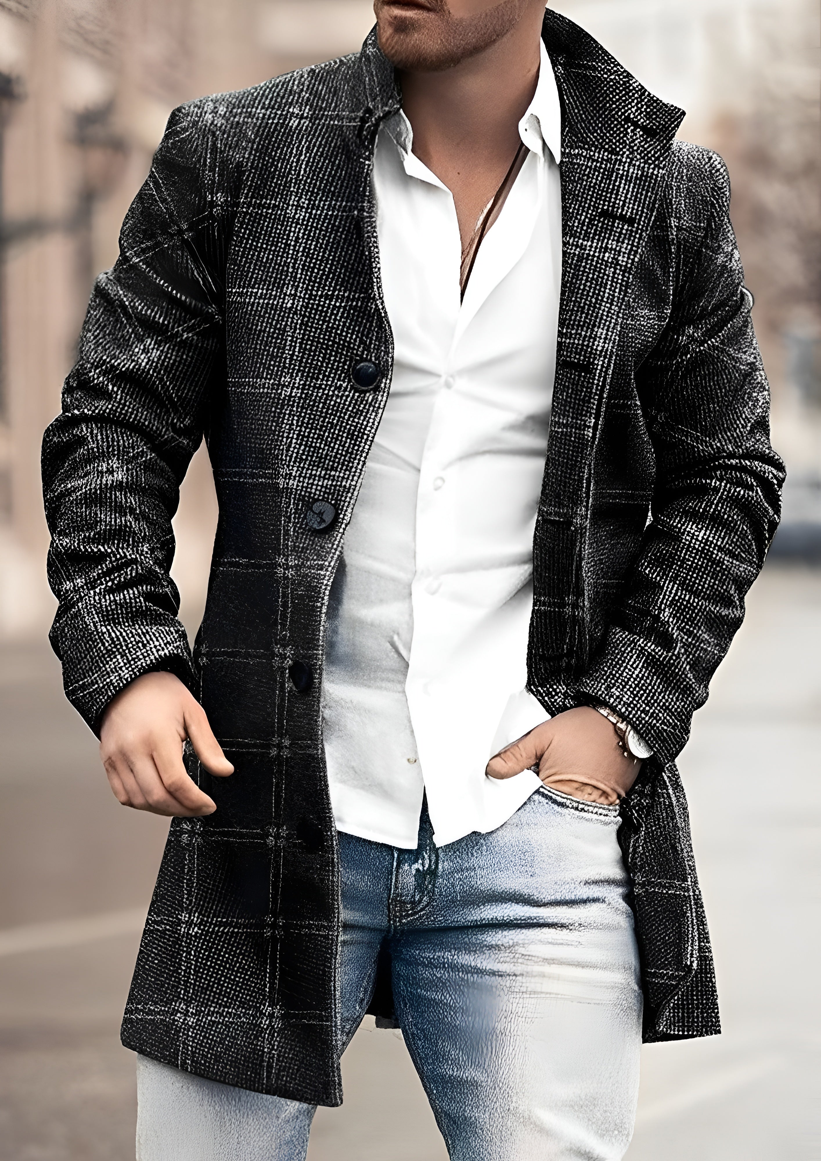 Men's Long Button Up Coat - Winter Layering Jacket