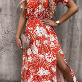 Women's Floral Side Slit Midi Dress - Summer Casual Wear