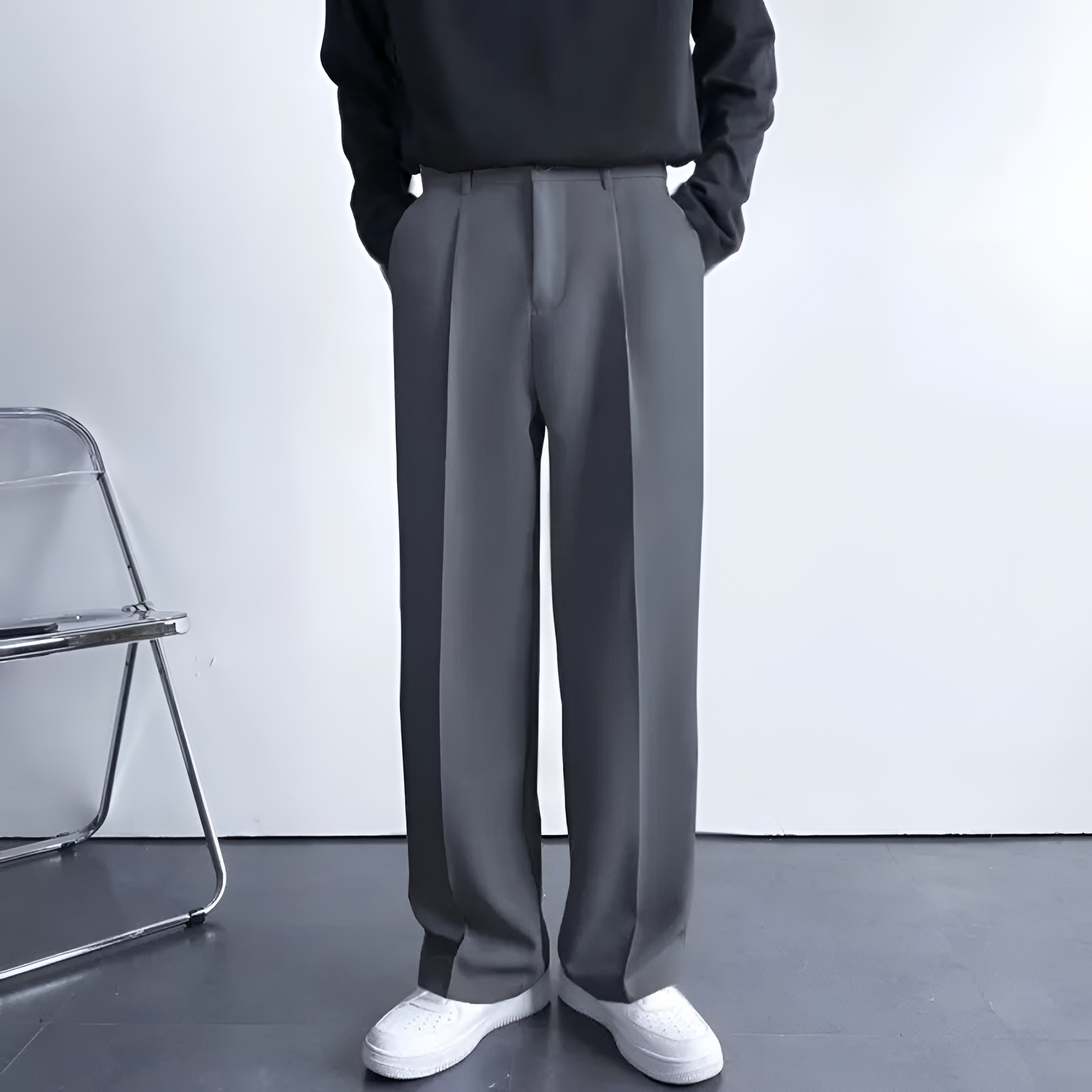Men's Pleated Wide Leg Trousers - Smart Casual Wear