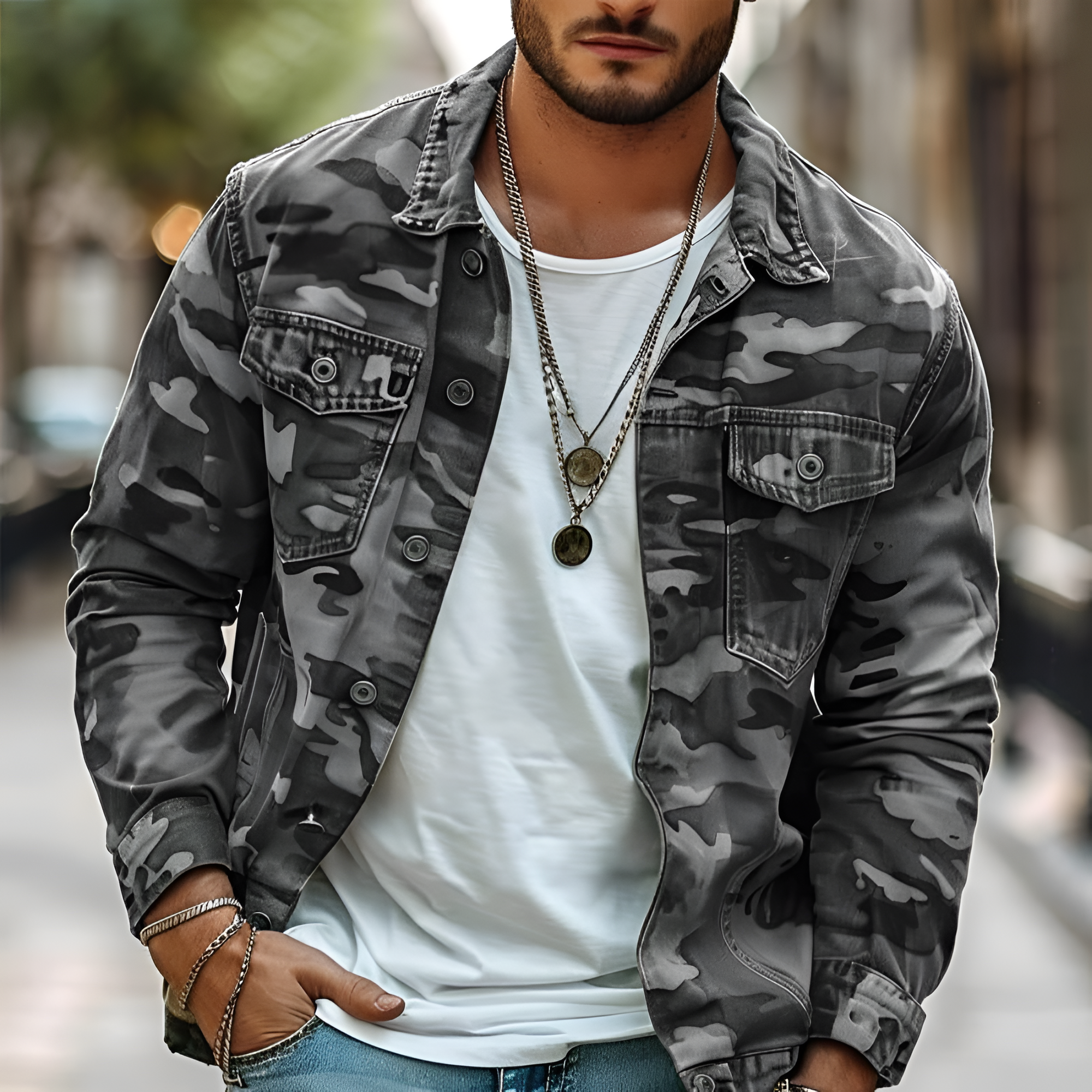 Men's Camouflage Denim Jacket - Casual Streetwear