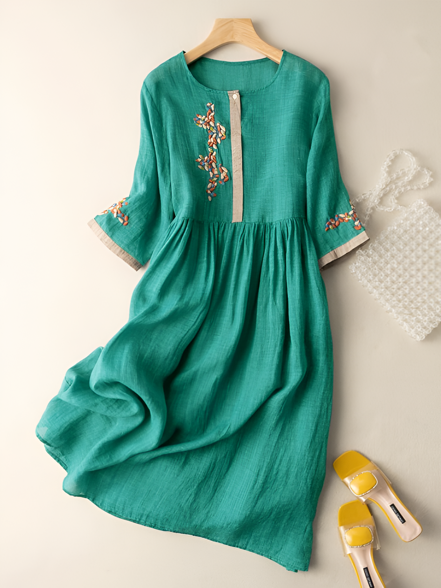 Women's Embroidered A-Line Midi Dress - Casual Outing