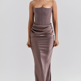 Women's Strapless Corset Bodice Draped Waist Maxi Dress - Special Occasion