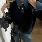 Women's Denim Panel Lapel Sweater - Casual Everyday Wear