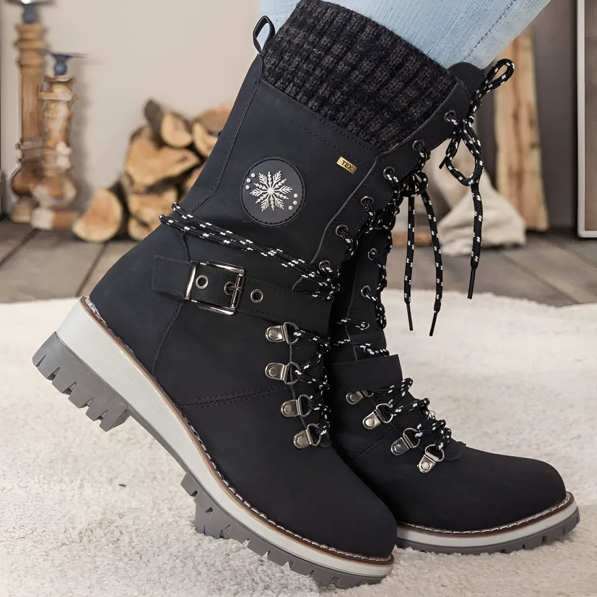 Women's Lace Up Buckle Mid Calf Boots - Winter Casual