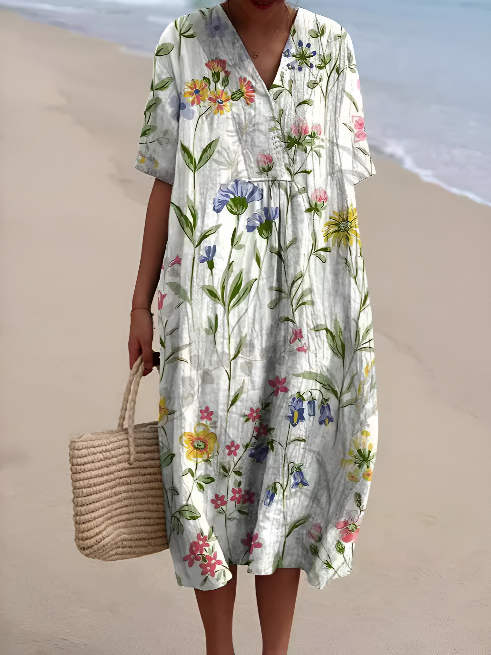 Women's Floral Print V Neck Midi Dress - Beach Vacation