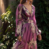 Women's Floral Maxi Dress V-Neck Long Sleeve - Special Occasions