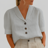 Women's Short Sleeve Puff Shoulder Button Up - Office Wear