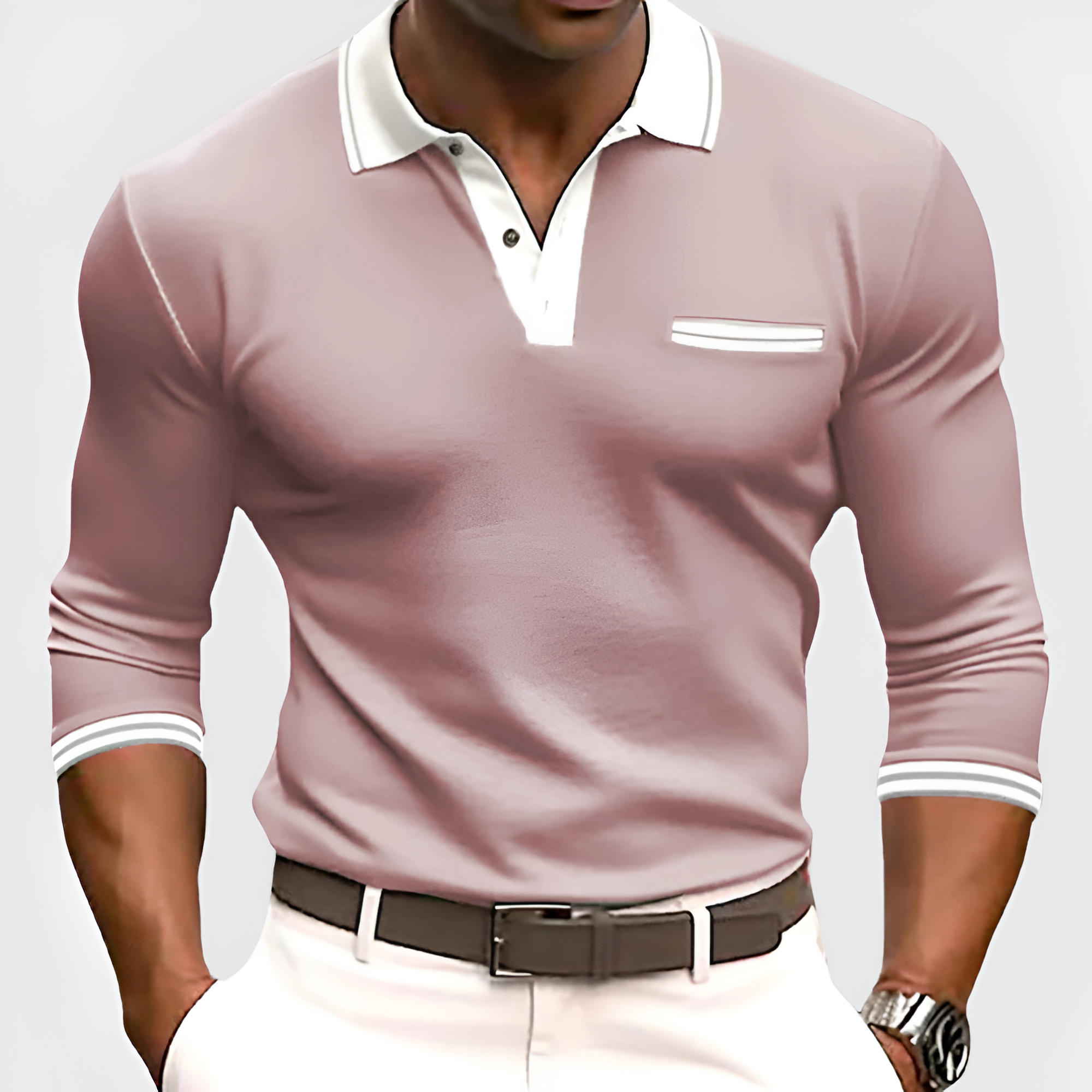 Men's Contrast Collar Long Sleeve Polo - Smart Casual