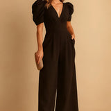 Women's Puff Sleeve Jumpsuit - Elegant Casual Wear
