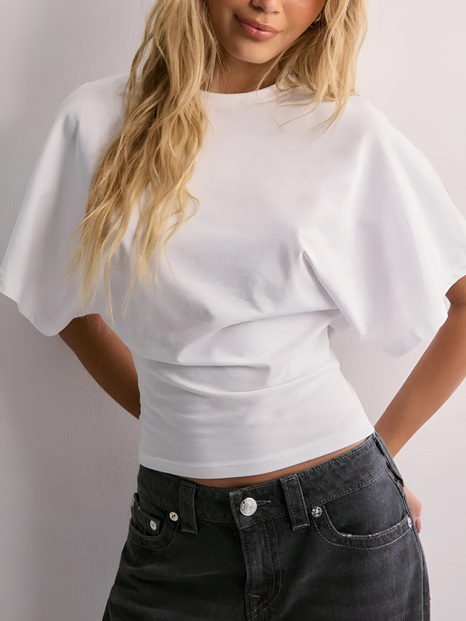 Women's Batwing Sleeve Cinched Waist Tee - Casual Chic