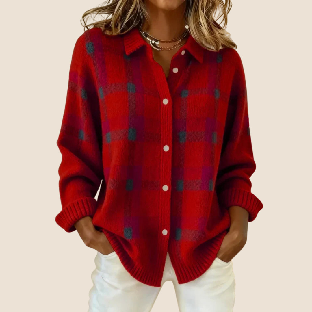 Womens Button-Up Sweater Plaid Pattern Relaxed Fit - Casual Wear