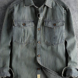 Men's Vintage Striped Denim Shirt - Casual Wear