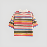 Women's Crochet Polo Cardigan Multi-Color Striped Short Sleeve - Casual Everyday
