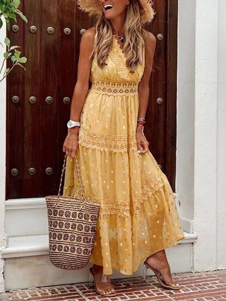 Women's Sleeveless Maxi Dress Lace Detail Flowing Fit - Casual Wear