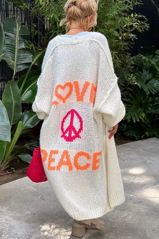 Women's Knit Oversized Love Peace Cardigan - Casual Wear