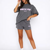 Women's Two-Piece Set Oversized Graphic Tee and Cargo Shorts - Casual Lounge Wear