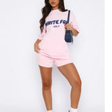 Women's Two-Piece Set Oversized Graphic Tee and Cargo Shorts - Casual Lounge Wear