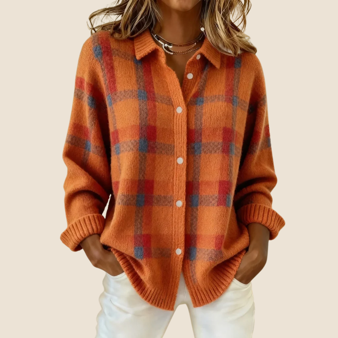 Womens Button-Up Sweater Plaid Pattern Relaxed Fit - Casual Wear