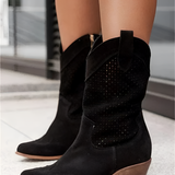 Women's Pointed Toe Perforated Western Boots - Casual Streetwear