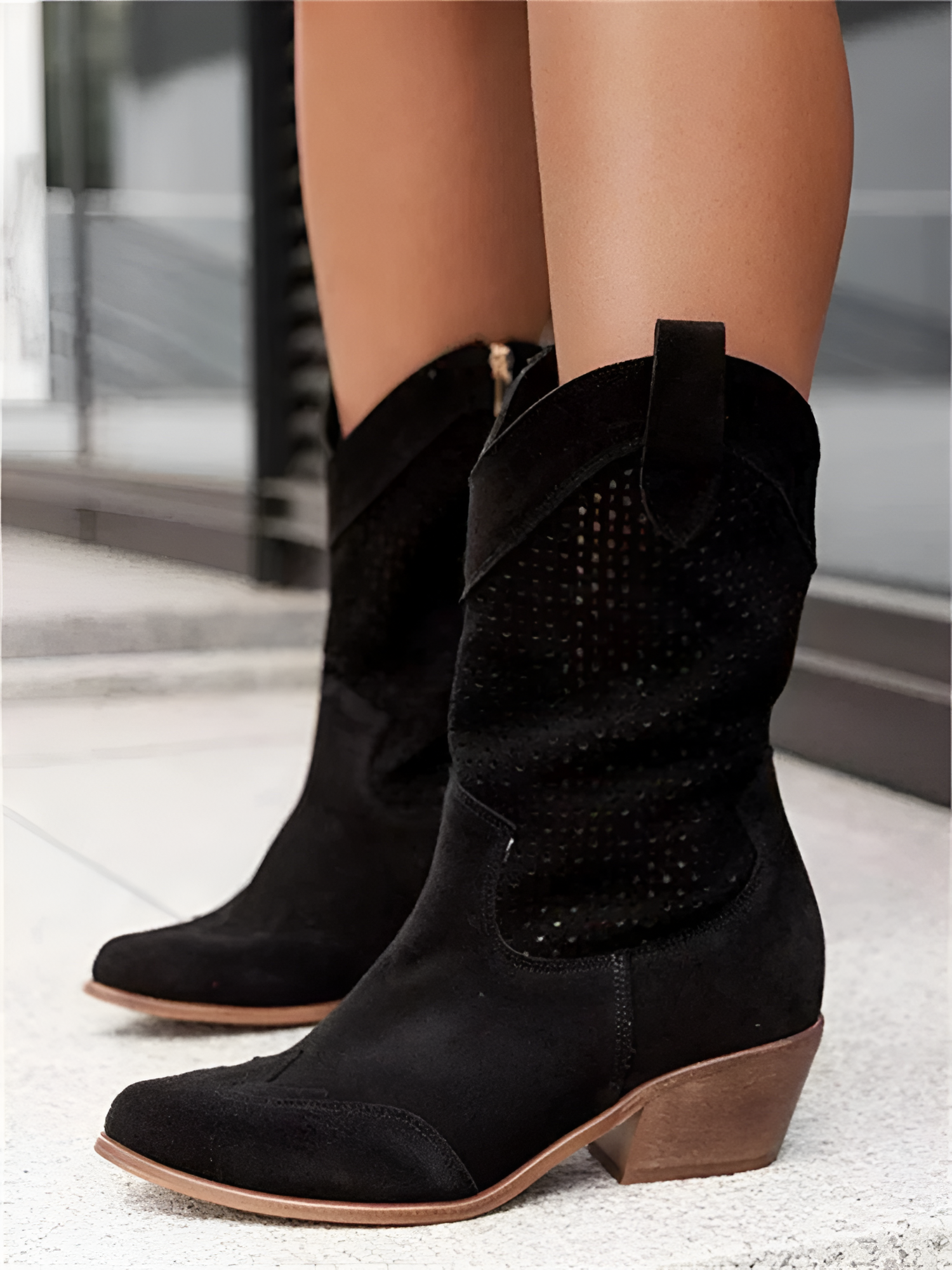 Women's Pointed Toe Perforated Western Boots - Casual Streetwear
