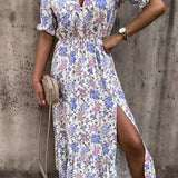Women's Floral Side Slit Midi Dress - Summer Casual Wear