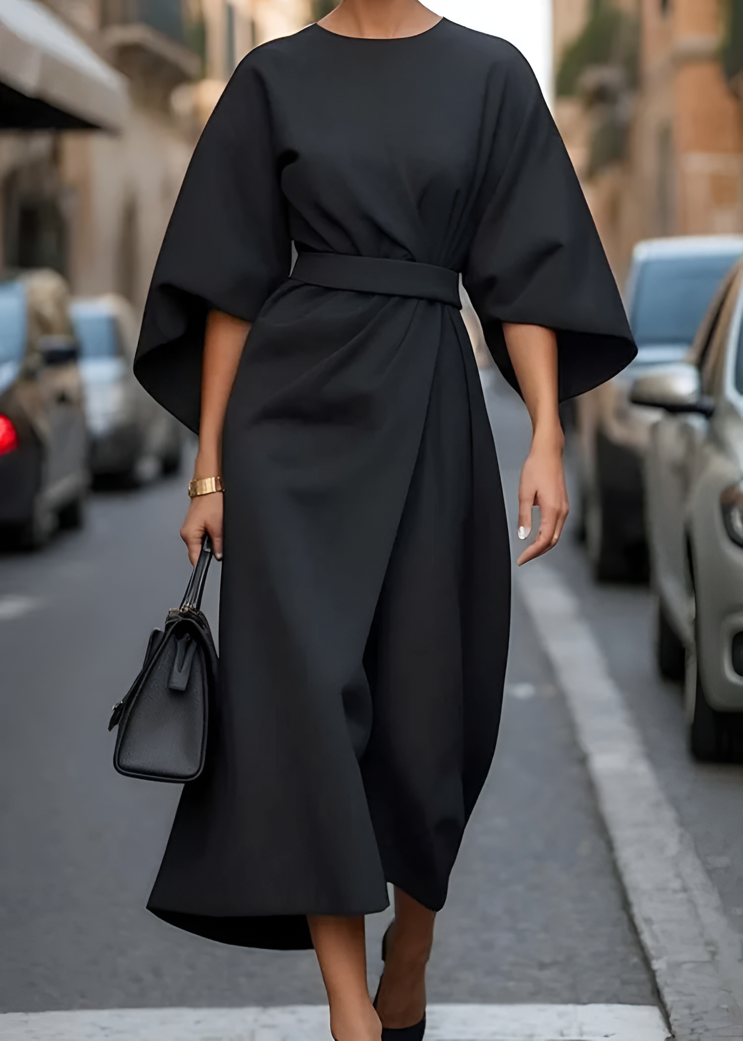 Women's Bell Sleeve Belted Wrap Dress - Professional Evening Wear