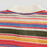 Women's Crochet Polo Cardigan Multi-Color Striped Short Sleeve - Casual Everyday