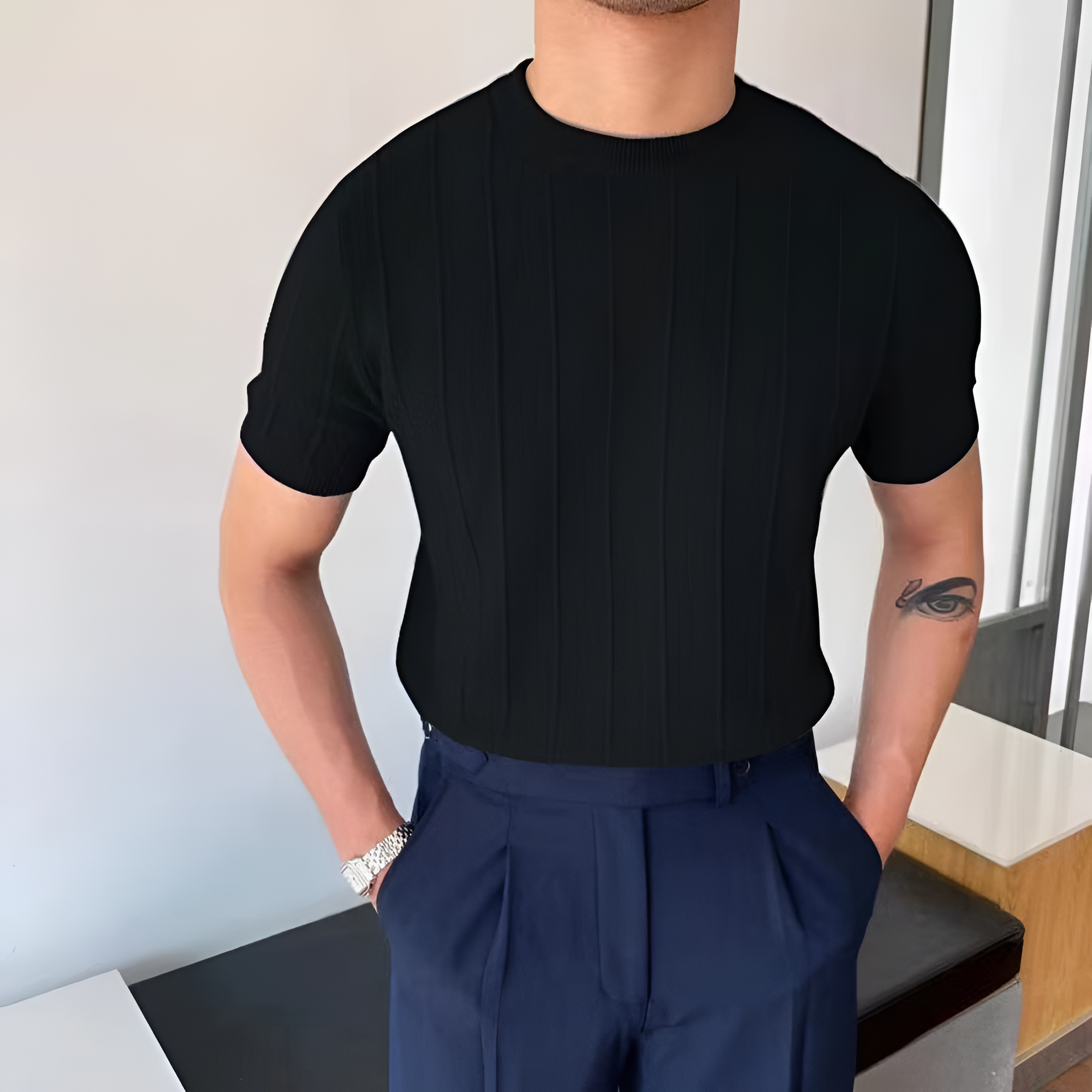 Men's Vertical Ribbed Knit Shirt - Casual Smart Wear