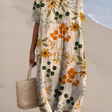 Women's Floral Print V Neck Midi Dress - Beach Vacation