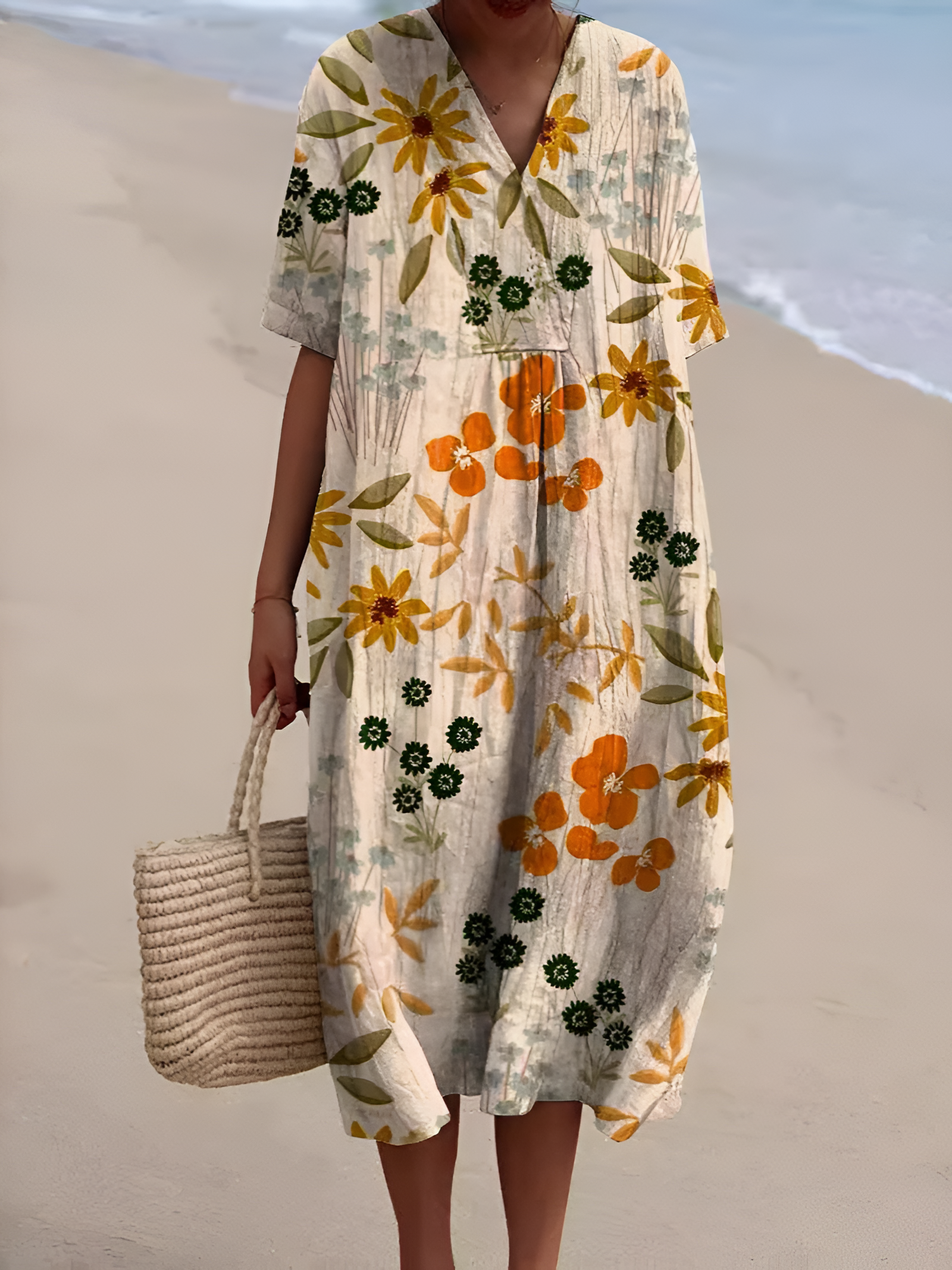 Women's Floral Print V Neck Midi Dress - Beach Vacation