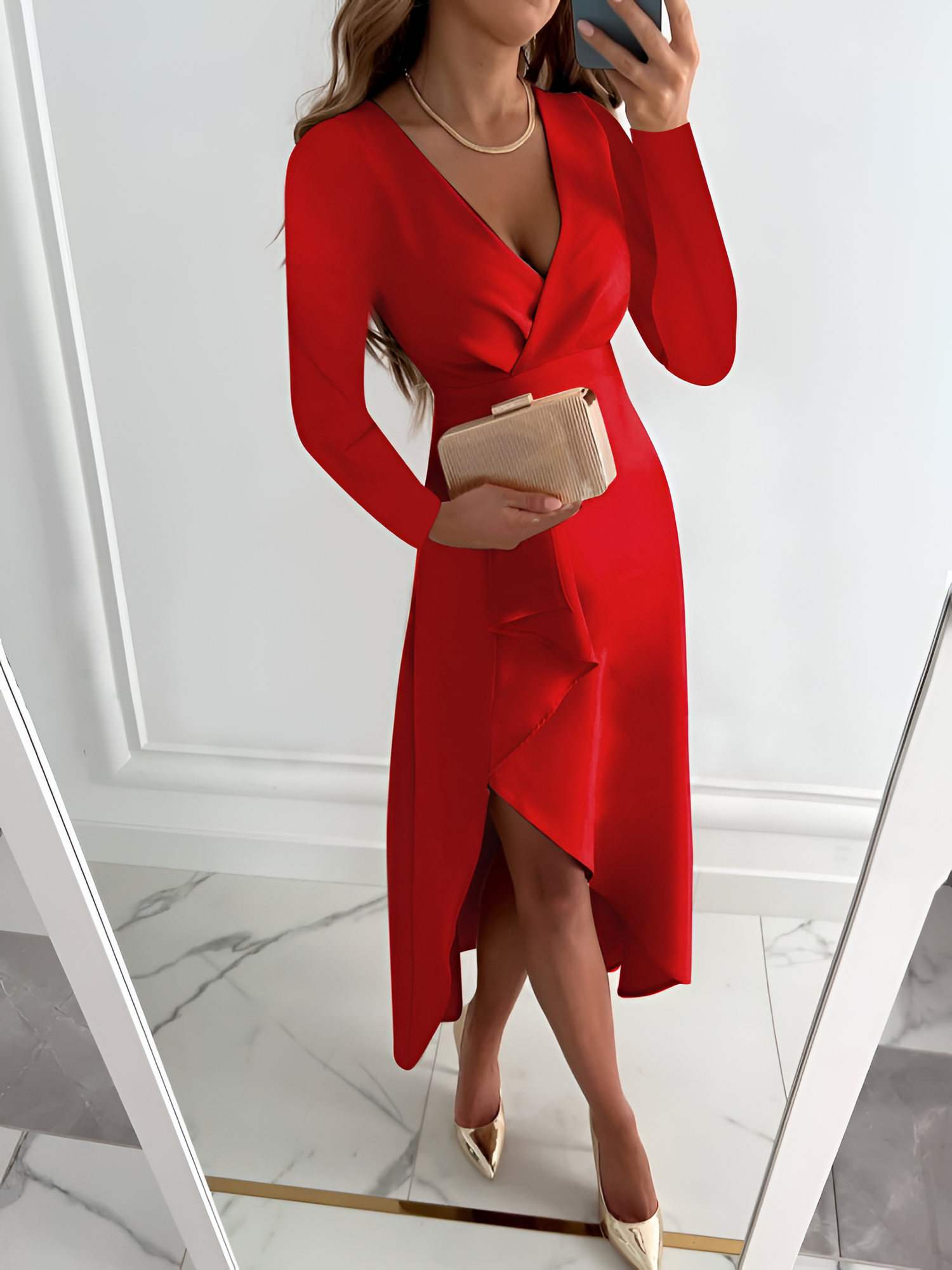 Women's V-Neck Long Sleeve Sheath Dress - Evening Wear