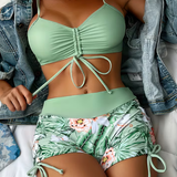 Women's Swimsuit Set Ruched Front Floral Print - Beach Vacation