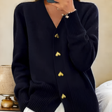 Women's V Neck Gold Heart Button Cardigan - Casual Chic