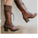 Women’s Lace-Up Knee High Boots - Sturdy Block Heel Fashion Wear