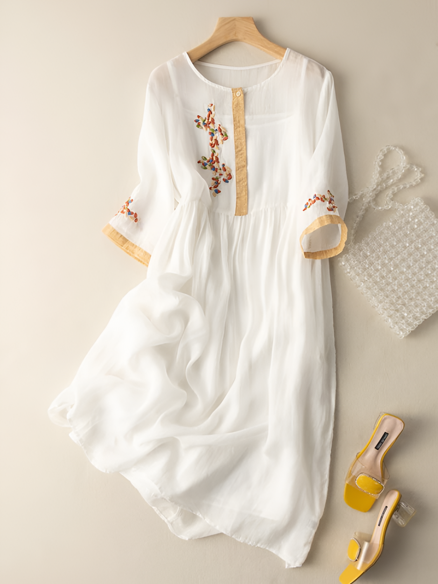 Women's Embroidered A-Line Midi Dress - Casual Outing