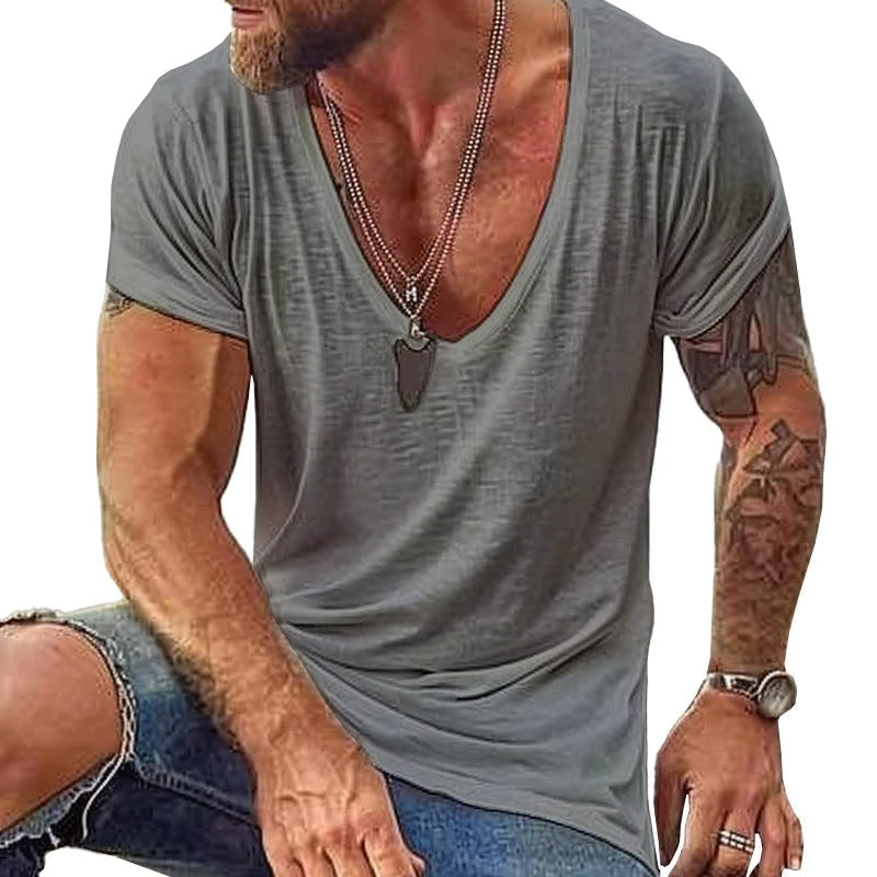 Men's Deep V-Neck T-Shirt Slub Texture Short Sleeve - Casual Wear