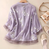 Women's Button-Down Blouse Floral Embroidery Sheer Trim - Casual Chic